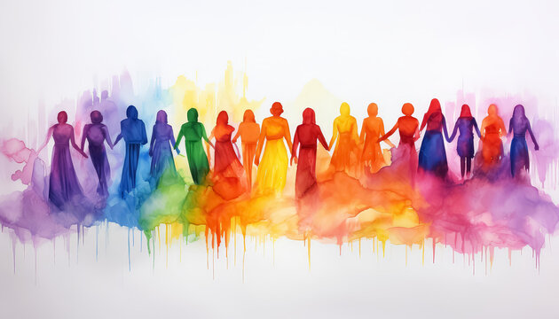 A group of people are holding hands in a rainbow line