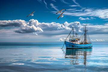 blue fishing boat on a calm sea