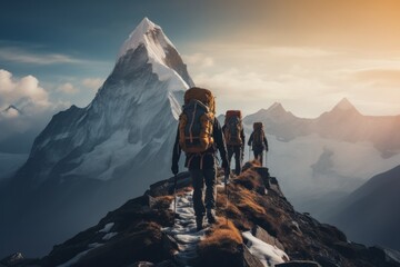 A determined group of hikers is seen pushing through fatigue as they trek up the steep side of a mountain, showcasing resilience and teamwork in challenging terrain - Powered by Adobe