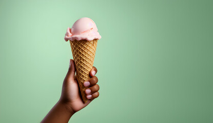 Close up of a childs hand holding a cone with strawberry ice creme scoop, pastel green background...