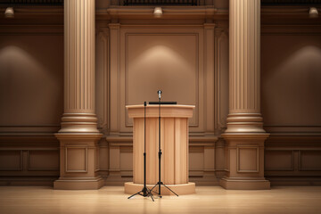 An empty podium in a large auditorium with columns