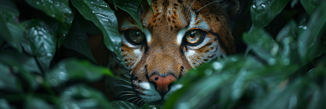 Majestic Jungle Cat Peering Through Lush Green Foliage