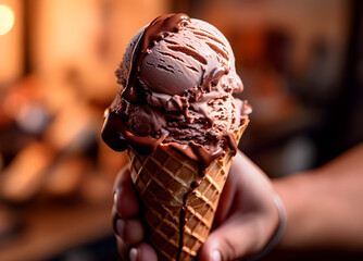 Close up of chocolate ice creme scoop in a cone, blurry background 