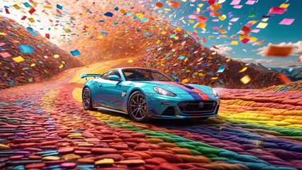 Foto op Canvas A Relic Reborn: A Classic Sports Car Bathed in Rainbow Hues, a Testament to Enduring Passion Against a Fiery Sunset.   © ADI