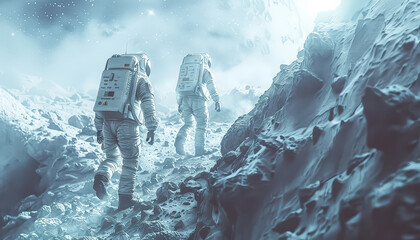 Two astronauts are walking on a snowy surface, one of them carrying a backpack