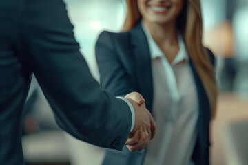 
Happy businesswoman wearing office suit shaking hands with her business partner in the office - obrazy, fototapety, plakaty