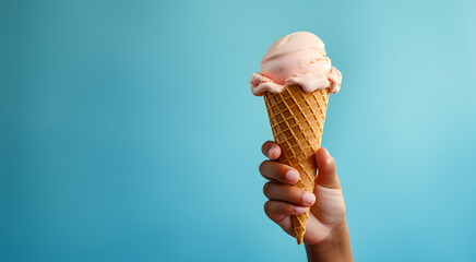 Close up of a childs hand holding a cone with strawberry ice creme scoop, blue background with copy space 