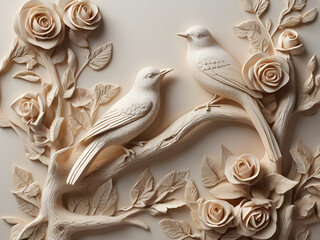 3d art wallpaper abstract of white floral birds decor, colorful birds and white background.
