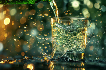 Sparkling Water Pouring into Glass with Dynamic Splash Against Bokeh Background