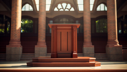 An empty wooden podium in a large hall - obrazy, fototapety, plakaty