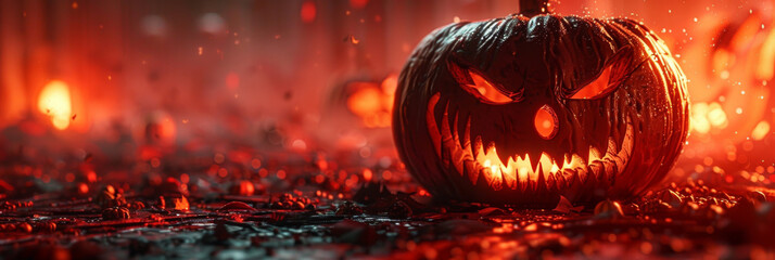 Sinister Glowing Jack-o'-Lantern in a Spooky Halloween Scene - obrazy, fototapety, plakaty