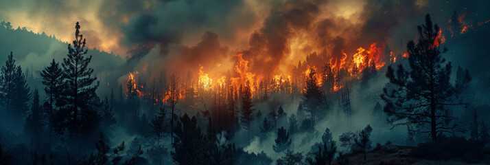 Fiery Wildfire Engulfs Forest in Dusk Hues - obrazy, fototapety, plakaty