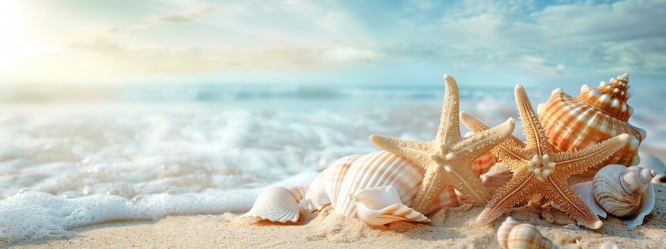 Beautiful seashells and beach background - Powered by Adobe