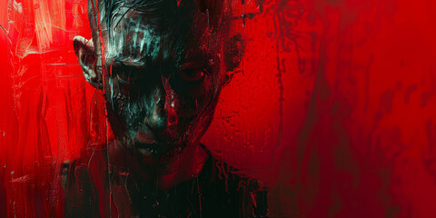 Mysterious Figure with Dark Painted Face against Red Backdrop