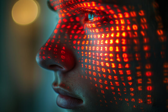 Digitally Projected Code on Woman's Face in Neon Light