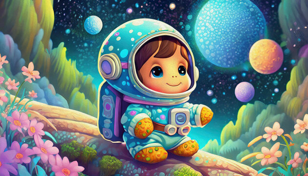 OIL PAINTING STYLE cartoon character baby boy Astronaut Adrift in the Vastness of Space, cartoon
