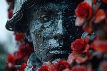 Striking D Rendered Memorial Statue Adorned with Vibrant Wreaths on Minimalist Background