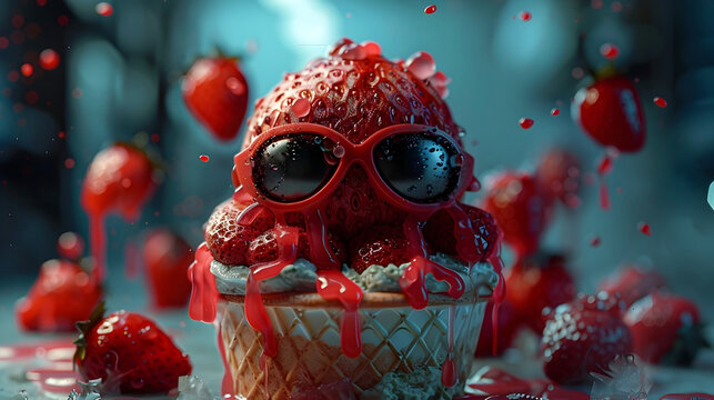 Strawberry Sundae Superhero Character in Hyper Cinematic Style with Prime and Isolated Background