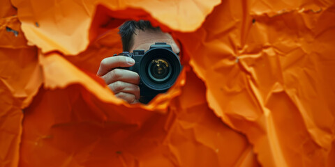 Photographer Capturing Shot Through Orange Torn Paper Backdrop