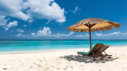 Fototapeta na wymiar A beach chair reclined under a parasol at a beautiful tropical beach