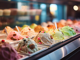 Close up of colorful ice cream in showcase fridge at pastry shop, blurry background 