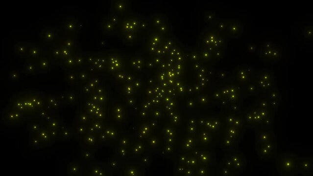 Yellow glowing moths fly on a black background. Fireflies in the night.
