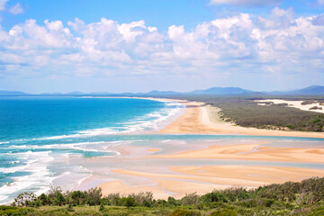 View over Bustard Bay from lookout, empty beach and ocean, looking toward 1770 and agnes water, Queensland Australia