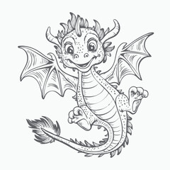 Black and white line art illustration of cute dragon with fire tail