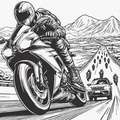 Black and white line art illustration of motorcycle on the road for coloring book design