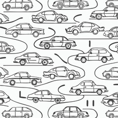 Black and white line art illustration of cars on the road for coloring book design