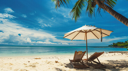 A beach chair reclined under a parasol at a beautiful tropical beach