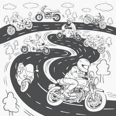 Black and white line art illustration of motorcycles on the road for coloring book design