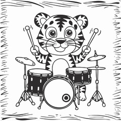 Black and white line art illustration of tiger playing drum for coloring book design