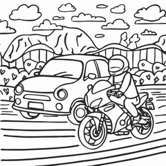 Black and white line art illustration of motorcycle and car on the road for coloring book design
