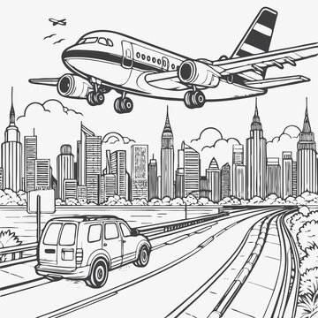 Black and white line art illustration of plane on the road for coloring book design