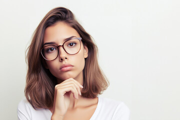 A woman wearing glasses is thinking with her hand on her chin. white background.