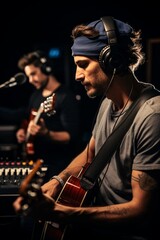 A man is shown wearing headphones and playing a guitar, focused on his music. The scene captures his concentration and passion for playing the instrument