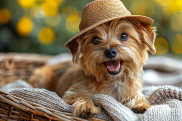 Adorable Yorkshire Terrier in Straw Hat Lounging in a Basket
