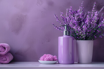 Obraz na płótnie Canvas Elegant Lavender Spa Essentials on Purple Background
