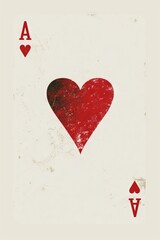 A classic Ace of Hearts playing card with a textured red heart on a weathered white background, perfect for themes of luck, love, and vintage game nights with space for custom branding or text.