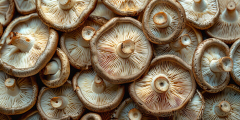 Close-up View of Fresh Shiitake Mushrooms in Abundance