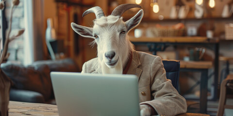 Business-Savvy Goat Using Laptop at a Rustic Cafe