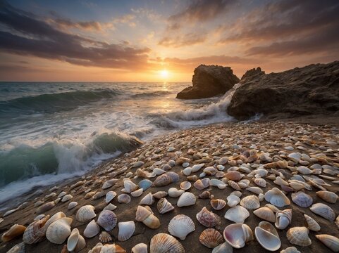 Serene sunset casts warm glow over tranquil beach, where gentle waves of turquoise sea kiss shore adorned with array of scattered seashells; horizon graced by suns descent.