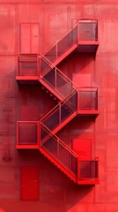 Vibrant Red Architectural Fire Escape Stairs with Geometric Patterns and Minimalist Design Details