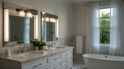 Elegant white bathroom interior with marble countertop with copy space and bathroom.generative.ai