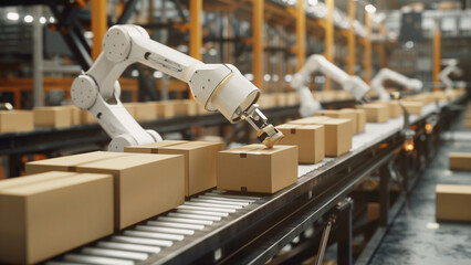 robotic arm handling cardboard boxes on conveyor belt in factory. automation management concept