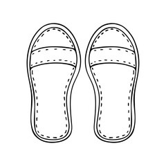 Cute flip flops for the beach, summer holidays, street walks. Lightweight unisex flip-flops with decorative stitching for home wear.Hand drawing black line doodle vector illustration.Isolated on white