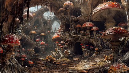 A fantasy scene with a group of red mushroom houses - Powered by Adobe