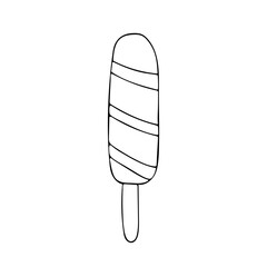 Cute striped chocolate ice cream on stick. Summer refreshing snack. Cold delicious summer sweets. Fruit ice. Hand drawing black line doodle vector illustration isolated on white background.