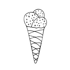 Cute three-scoop ice cream in waffle cone with sprinkles. Summer refreshing snack. Cold summer sweets. Hand drawing black line doodle vector illustration.Isolated on white background.